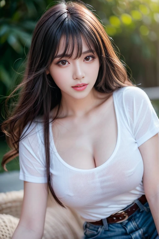 Sweet expression, (8k, RAW photo, photorealistic:1.25) ,( hairy pubic hair, lip gloss, eyelashes, glossy face, shiny skin, best quality, super high resolution , depth of field, chromatic aberration, caustics, wide light, natural shadows, Kpop idol) looking at viewer with serenity and goddess-like bliss, full body, , blue jeans, white t-shirt,