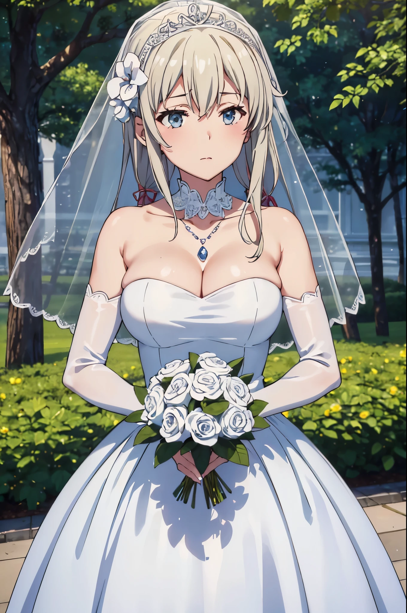 (((Pixel perfect, Perfect details))), alone, 1 girl, Yukino under the snow, Close-up of beautiful bride wearing beautiful wedding dress,Gurwitz,(bridal veil:1.5),(Transparent short veil:1.5),Blushing face,Head flower,headgear,(tube top wedding dress:1.5),(Silk dress:1.2),(Strapless wedding dress:1.5),pure white dress,necklace,earrings,(large breasts:1.3),Deep V peach heart collar wedding dresangs,lipstick,(lace gloves:1.3),whole body照,High detail RAW color art,Long white dress,whole body,Place your hands behind your back,