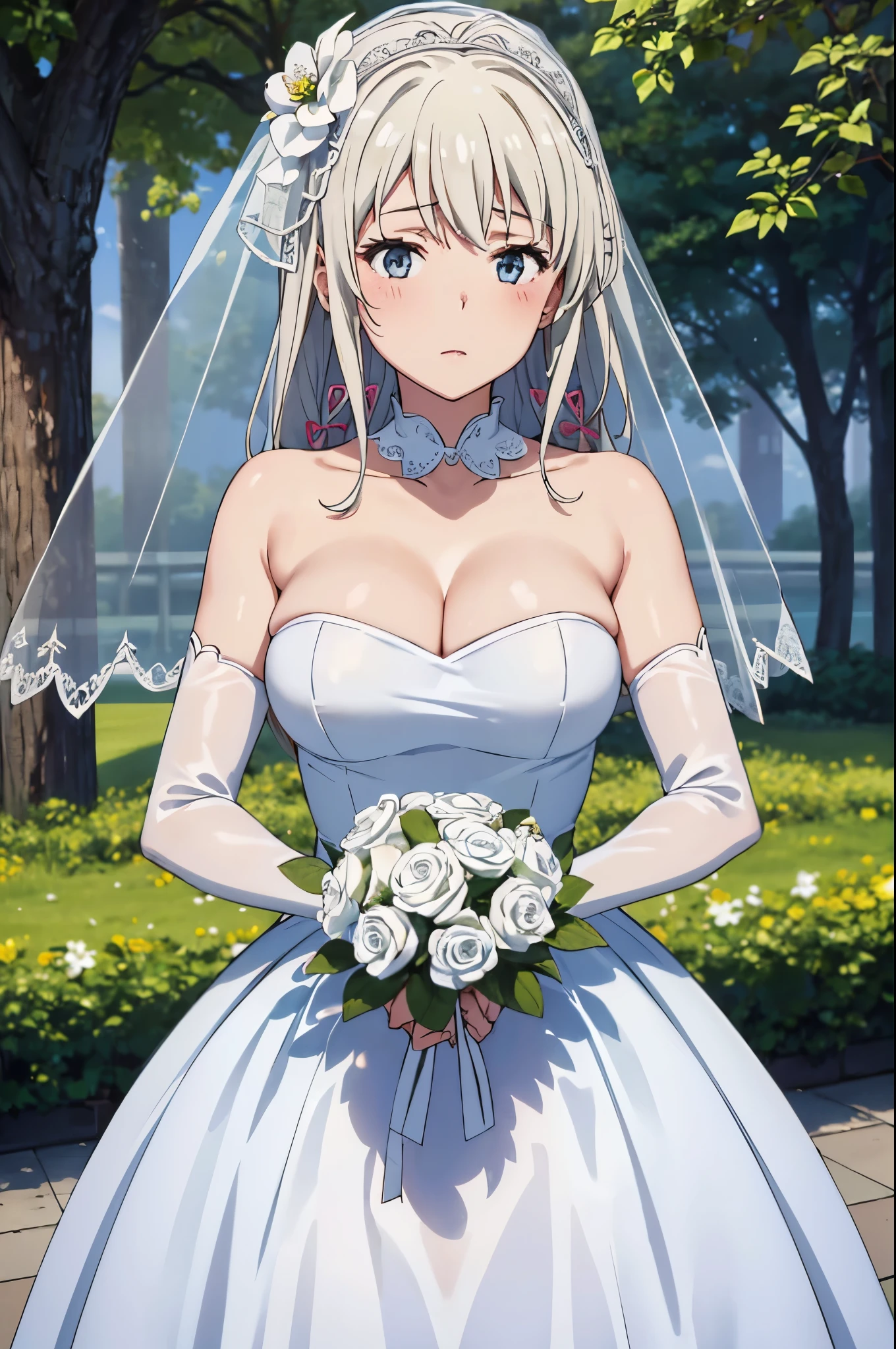 (((Pixel perfect, Perfect details))), alone, 1 girl, Yukino under the snow,  Close-up of beautiful bride wearing beautiful wedding dress,Gurwitz,(bridal veil:1.5），（Transparent short veil：1.5），Blushing face，Head flower，headgear，（tube top wedding dress：1.5），（Silk dress：1.2）,（Strapless wedding dress：1.5）,pure white dress，necklace，earrings，(large breasts:1.3)，Deep V peach heart collar wedding dresangs，lipstick，（lace gloves：1.3）,whole body照,High detail RAW color art,Long white dress，whole body，Place your hands behind your back，