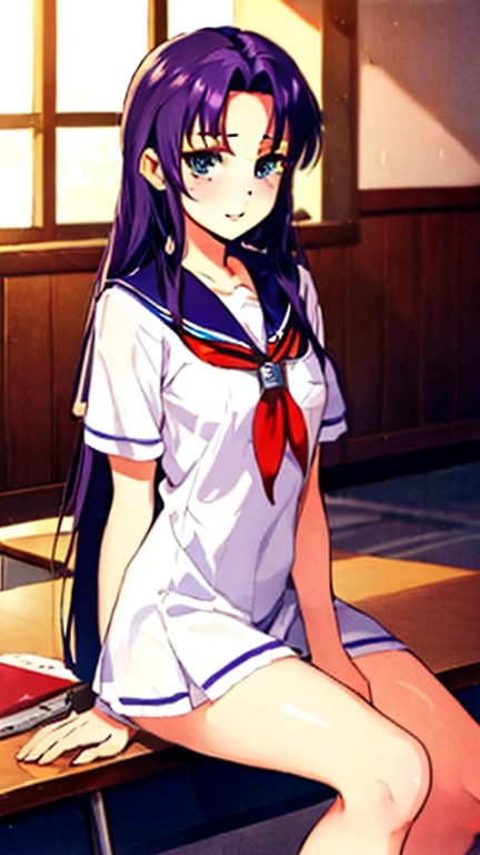 An eighteen-year-old young woman with long purple hair in a sailor suit sits in a classroom