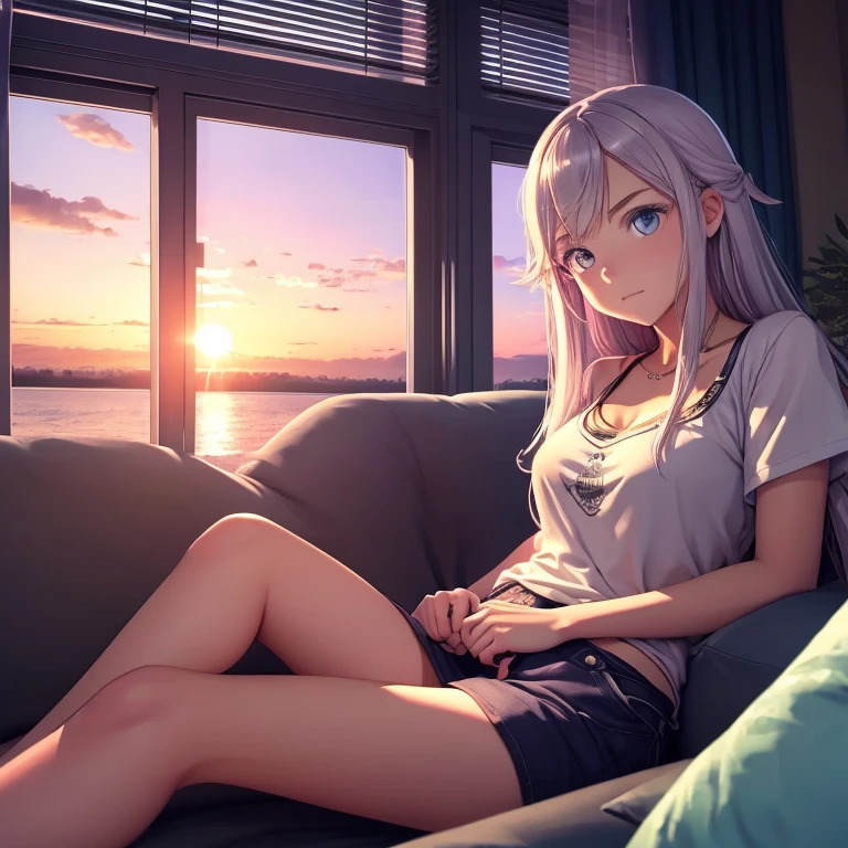  girl sitting on a couch watching the sunset from her luxurious apartment, la chica es tetona y culona tiene el pelo blanco y ojos plateados usa minifalda y blusa con escote