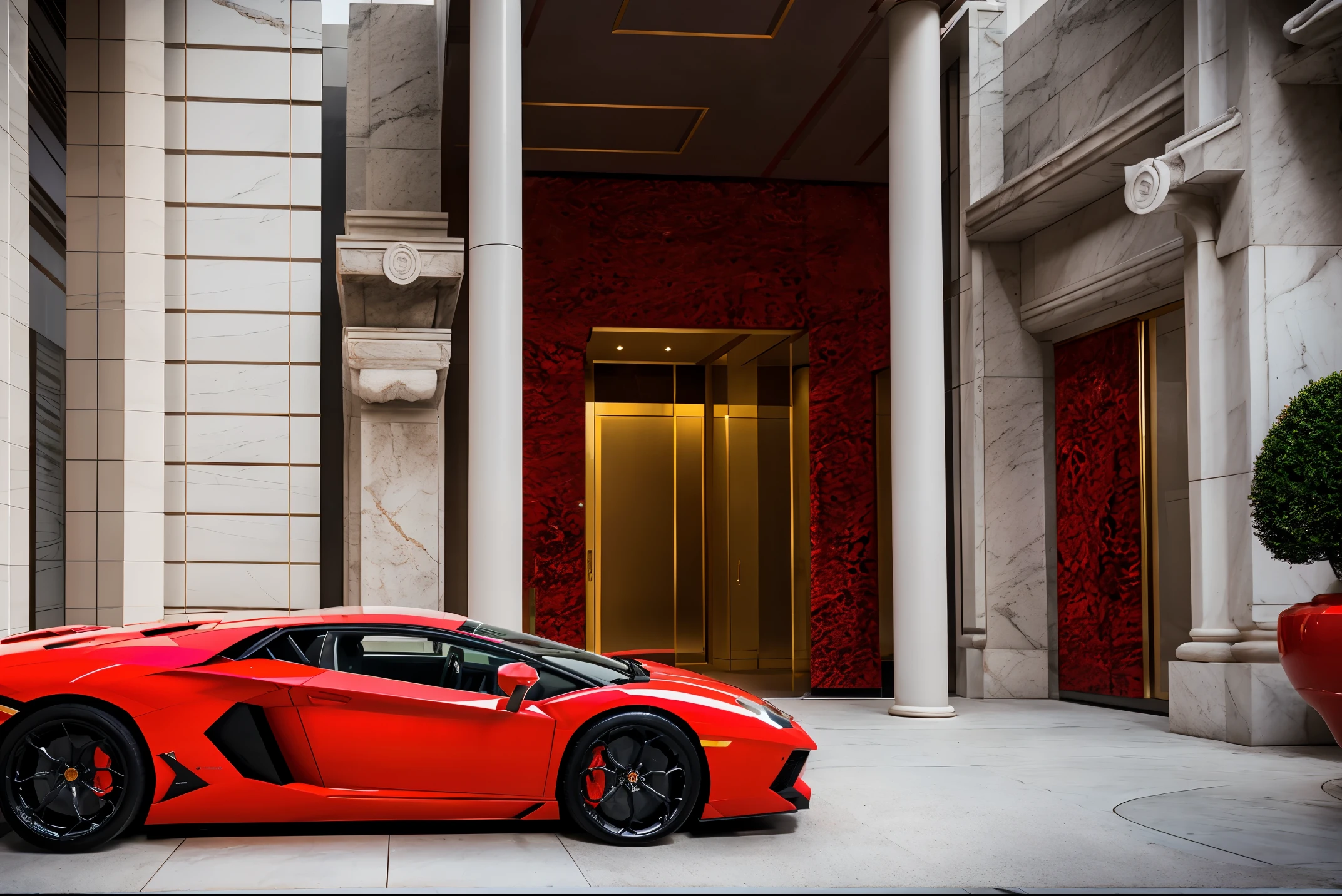 red lamborghini aventador　　Precise and high quality　Realistic three-dimensional feel　beautiful background　Parked in front of the marble entrance of a luxury condominium.　beautiful lighting　beautiful street　stylish apartment　(shot from the side:1.3)