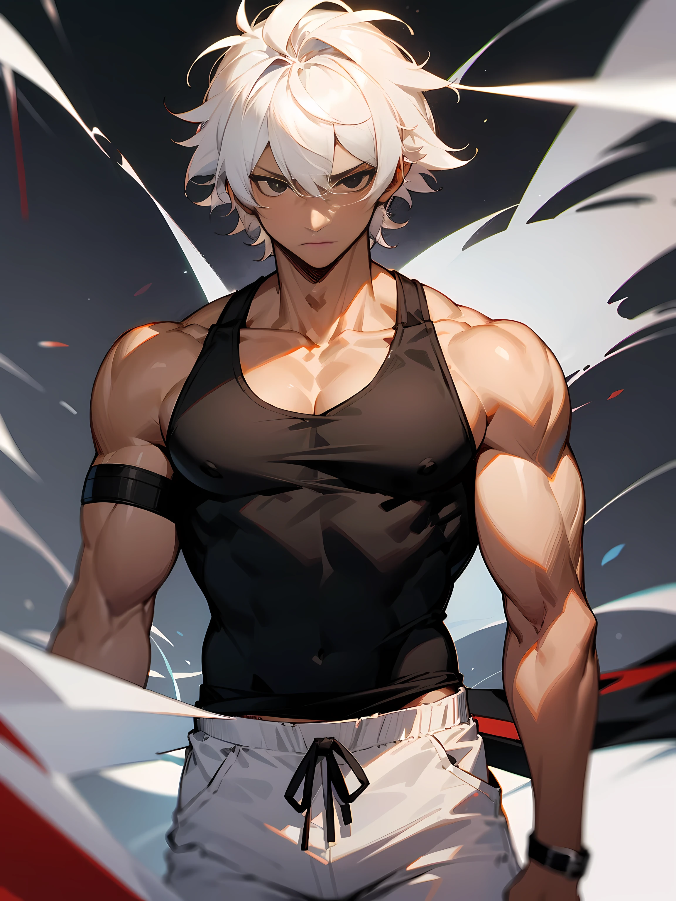 1male, darkskin, black eyes, white hair, messy hair, white baggy pants, black tank top, black yukata, muscular, tied to waist, serious