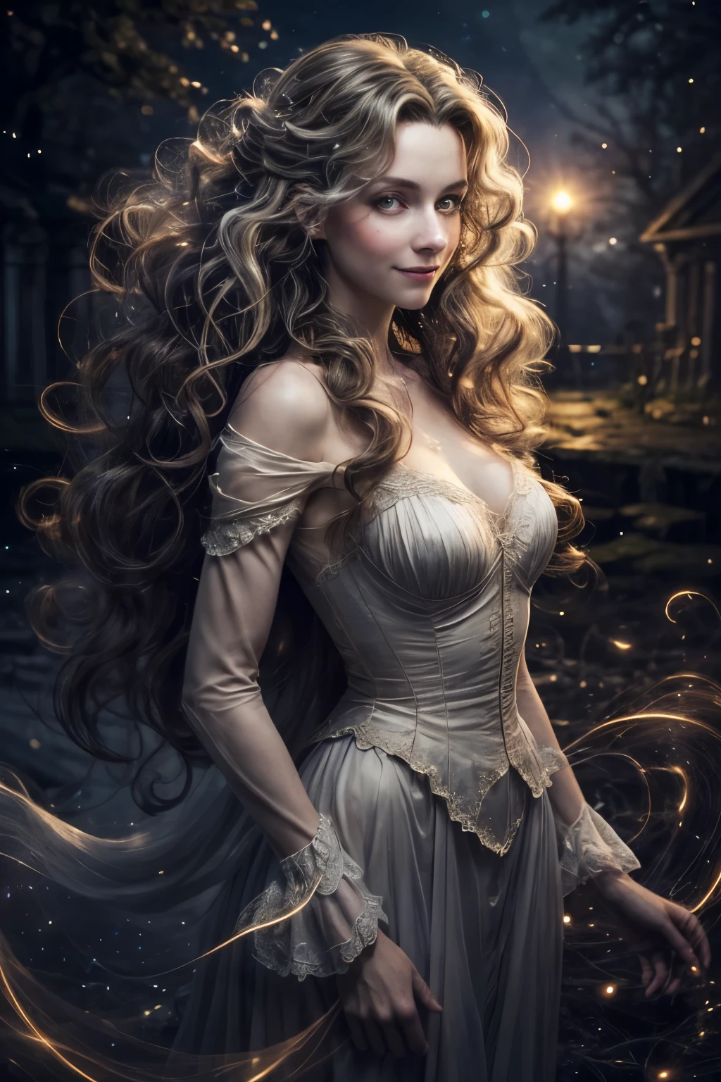 (very detailed)1, (best quality)1, (best resolution)1, (realistic)1,1woman, ghostly, solo, half turn, long hair in ringlets,highlights across body, when I dream I think of her stood in the moonlight, smile, particle effects, romantic lighting, dreamlike, looking at viewer, loving eyes