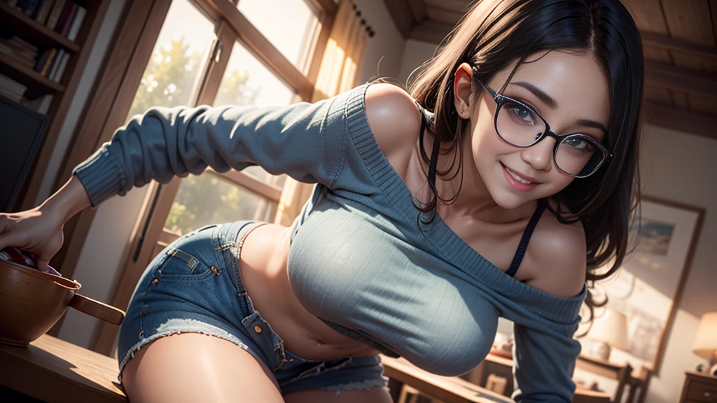Masterpiece, Real Photo, Best Quality, UHD, 16K, 1 Woman, Solo, Smile, Beautiful Detailed Face, Long Eyes, Best Makeup, Delicate Skin, Navy Off-Shoulder Sweater, Light Blue Denim Hot Pants, black-rimmed glasses, leaning forward, looking at viewer, warm lighting, from below,