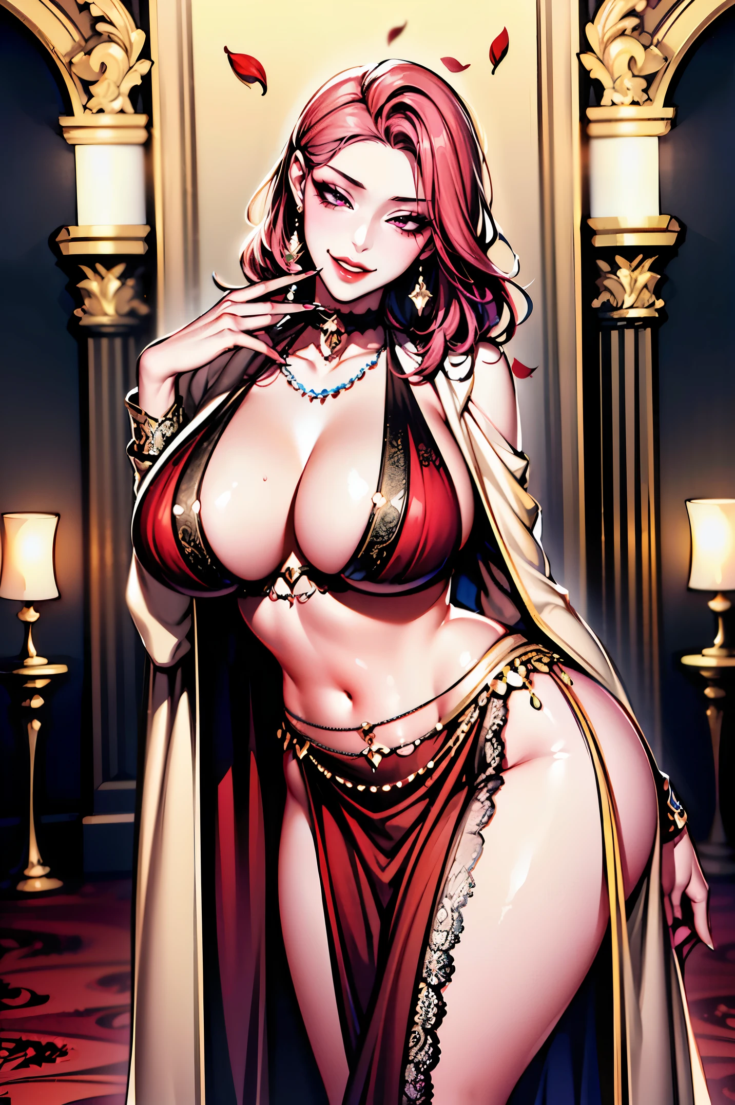 (shoujo-style:1.3), royal, seductive, seductress, 1girl, (mature female:1.3), adult female, 30 year old,pink hair, long hair, (milf:1.2), (slim body:1.3), tall body, (glowing red eyes), (large breasts), succubus, (succubus tails), (succubus tail in the background), earrings, parted lips, (night:1.3), rose petals, (evil face:1.2), seductive smile, grin, (smirk:1.2), makeup, large lace choker, large necklaces, head tilt, collarbone, sexy pose, indoor, inside royal chamber, pillars, huge lamps, white skin, dress, belly dancer clothes, arabian robe, (robe:1.3), egyptian robe, belly dancer,revealing clothes,(pelvic curtain:1.3),dancer, harem, 1girl, 