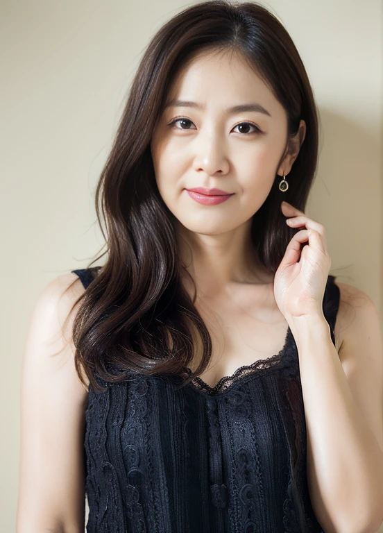 masterpiece,best quality, (1 milf), ((portrait:1.5)), ((look down, looking at the viewer)), makeup, elegant black underwear, a bit chubby, touch own chest, wavy hair, armpit, ((seduction expression)),