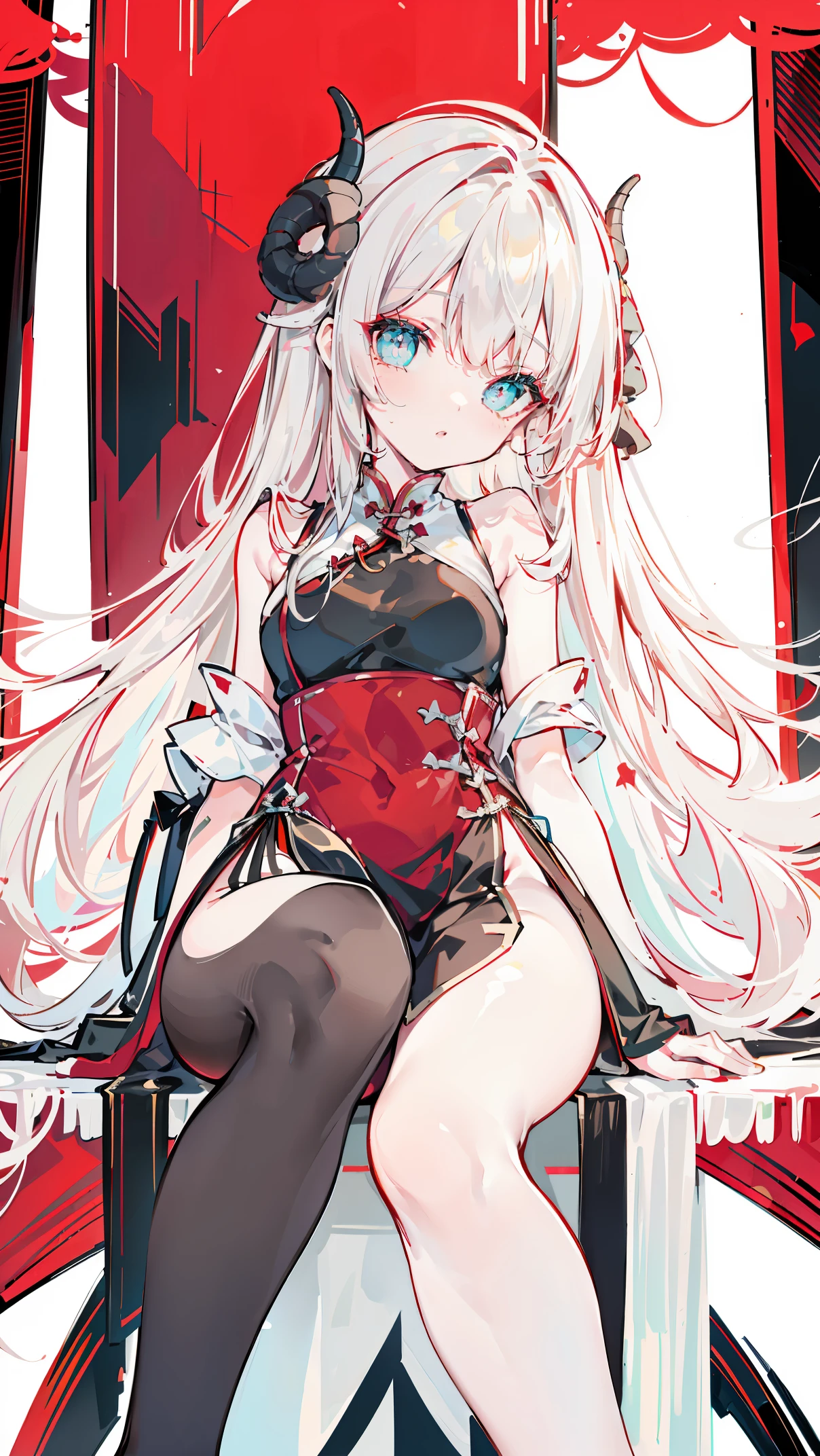 a girl，Sheep&#39;s horn, full color,  long white hair, Red眼睛 ，Eyeliner,  black transparent clothes, Red, open air, Rose, night, ruins, Butterfly，mine same as the original, mine, , (:1.2)
rest, (cheongsam), (view from below), (Put your arms behind your back), (wild lift), thin dress, Crotch cutout, best quality, high resolution, unified 8k wallpaper, (illustration:0.8), (Beautiful and delicate eyes:1.6), extremely detailed face, perfect lighting, Very detailed cg, (perfect hands, perfect anatomy),soles of feet，sitting，blond，red lips，Acting cute，脚部close up，up-close，Complete feet，white stockings，close up