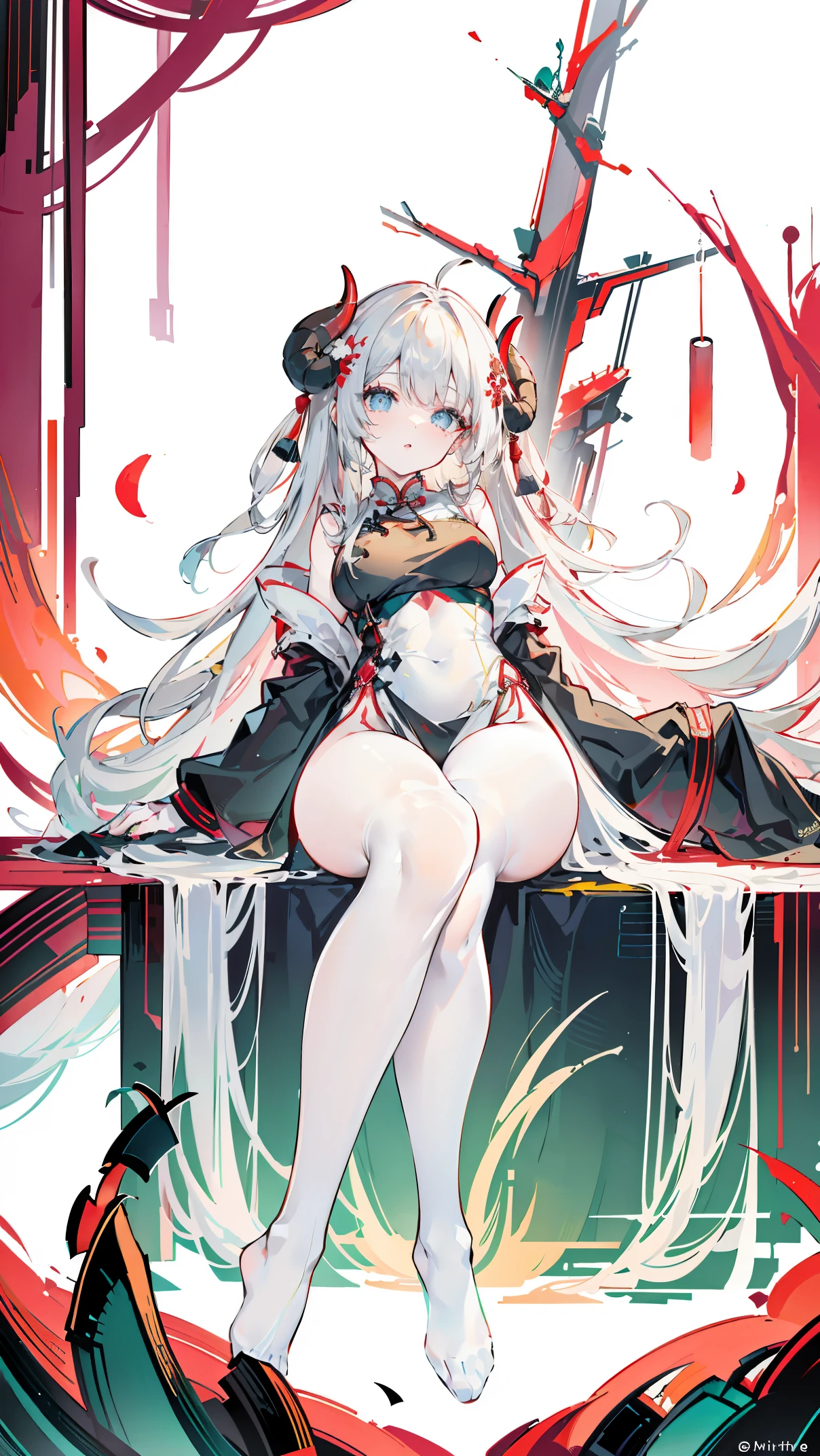 a girl，Sheep&#39;s horn, full color,  long white hair, Red眼睛 ，Eyeliner,  black transparent clothes, Red, open air, Rose, night, ruins, Butterfly，mine same as the original, mine, , (:1.2)
rest, (cheongsam), (view from below), (Put your arms behind your back), (wild lift), thin dress, Crotch cutout, best quality, high resolution, unified 8k wallpaper, (illustration:0.8), (Beautiful and delicate eyes:1.6), extremely detailed face, perfect lighting, Very detailed cg, (perfect hands, perfect anatomy),soles of feet，sitting，blond，red lips，Acting cute，脚部close up，up-close，Complete feet，white stockings，close up