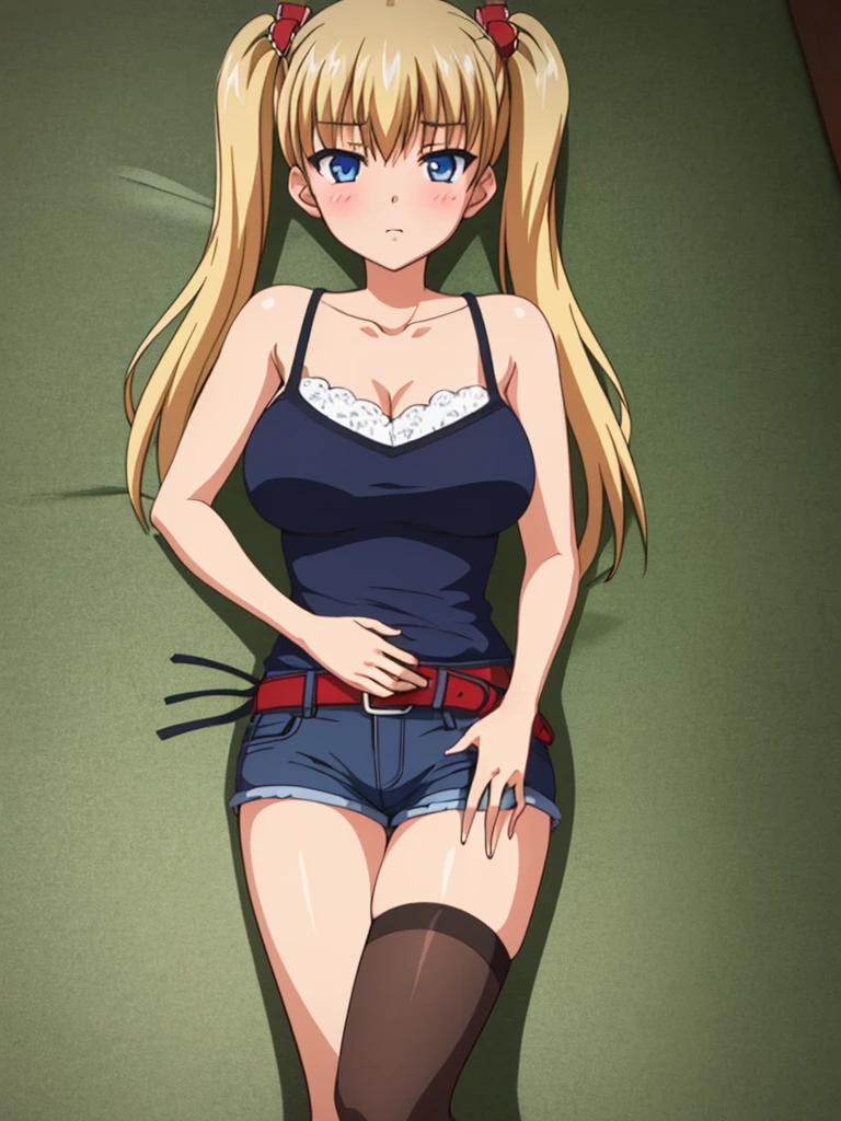 1girl, akizuki airi, blue eyes, blonde_hair, twintails, very_long_hair, she is wearing it in her hair_ornament red, hair_scrunchie red, medium_breasts, wearing a white tank top, some blue jean shorts, with a red belt, She is wearing thigh high stockings, full body, she is lying on a white sheet, Dakimakura, top view, ranking: explicit, 