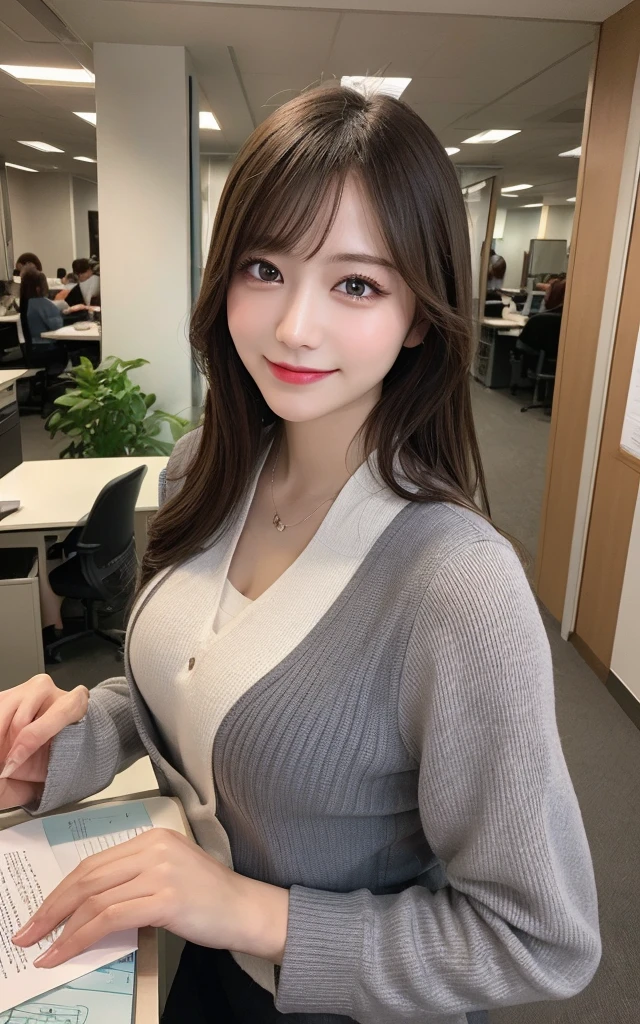 masutepiece, Best Quality, Illustration, Ultra-detailed, finely detail, hight resolution, 8K Wallpaper, Perfect dynamic composition, Beautiful detailed eyes, office attire,Bob Hair, Natural Color Lip, ,Smile,20 years girl、Huge titanization room