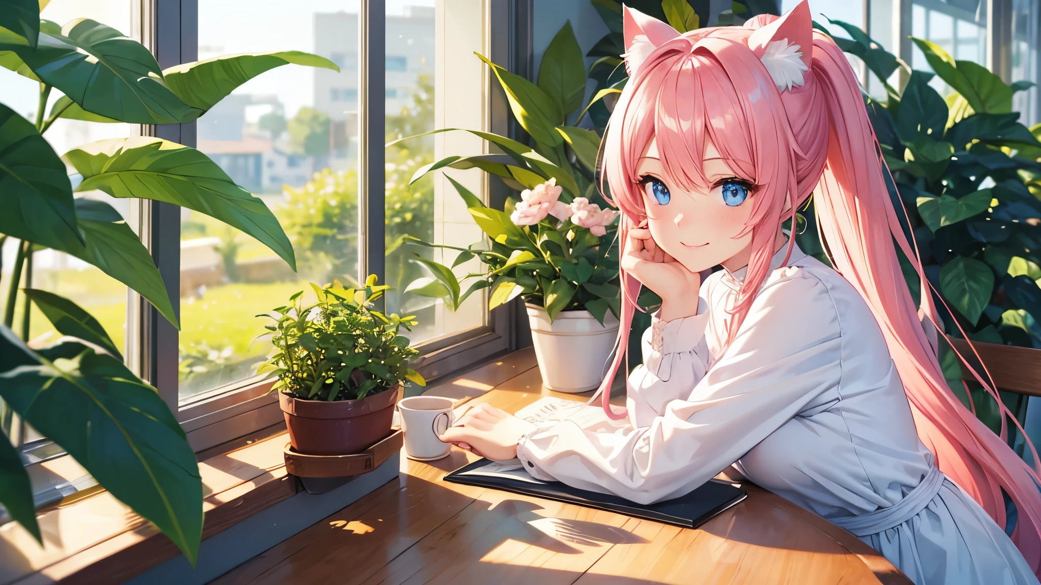 a woman wears a white long dress with cat ear in cozy cafeteria, studying, blue eyes, high quality, 4K, Beautiful, pink Hair, ponytail, surrounded by plants, happy face