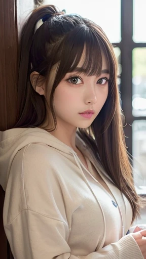 Raw photo、(((ultimate beauty portrait)))、1 girl、Japanese  beautiful girl、((brown hair))、((Big eyes that shine like jewels))、Glossy and glossy skin、(medium long hair)、eyeliner、beautiful bangs、hair between eyes、((masterpiece、最high quality、super detailed、intricate details、High resolution、very detailed))、detailed background、8KUHD、high quality、(Photographed from the front in a natural posture:1.5)、hanging eye makeup、(((small tits)))、(((Bust A cup)))、(((Clothes)))、relaxed hoodie、masterpiece, best quality, ultra-detailed, walking, city, town, daytime, a cute girl, 1girl, solo, skirt, beautiful light brown hair, beautiful eyes, ponytail, smile, lens flare