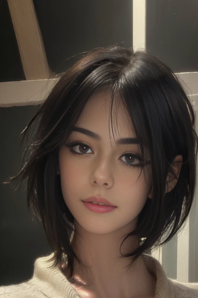 (masterpiece:1.3), (8k, photorealistic, RAW photo, best quality: 1.4), (1girl), beautiful face, (realistic face), (black hair, short hair:1.3), beautiful hairstyle, realistic eyes, beautiful detailed eyes, (realistic skin), beautiful skin, (sweater), absurdres, attractive, ultra high res, ultra realistic, highly detailed, golden ratio