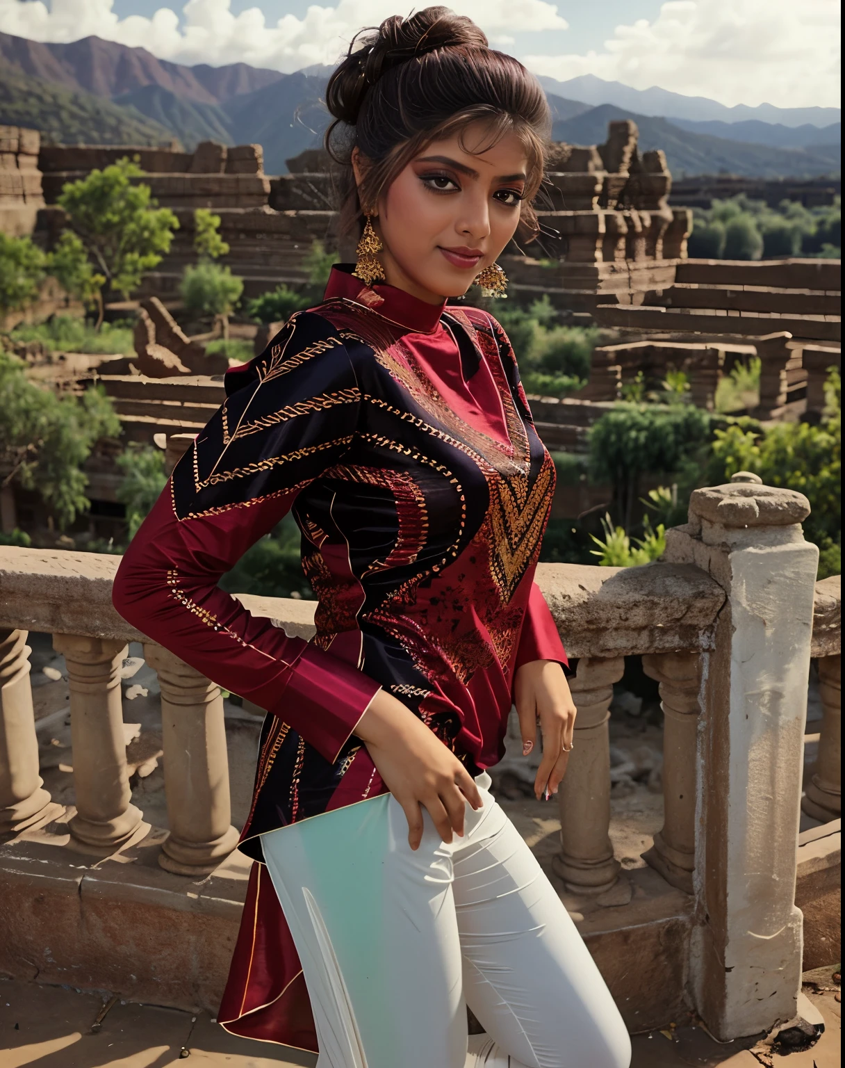 photo of a sonam woman in a dynamic pose wearing elegant high-neck Kurti with Leggings looking at camera, film grain, perfect eyes, at a ruins beautiful bokeh 