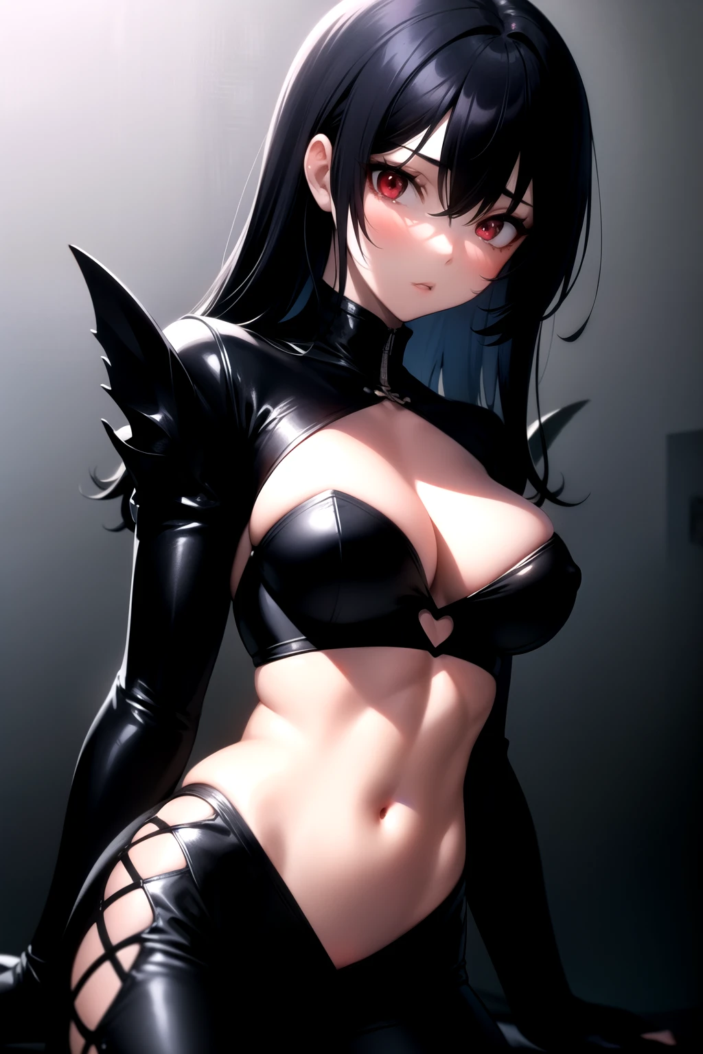  1girl, breasts, solo, black hair,red eyes,black theme