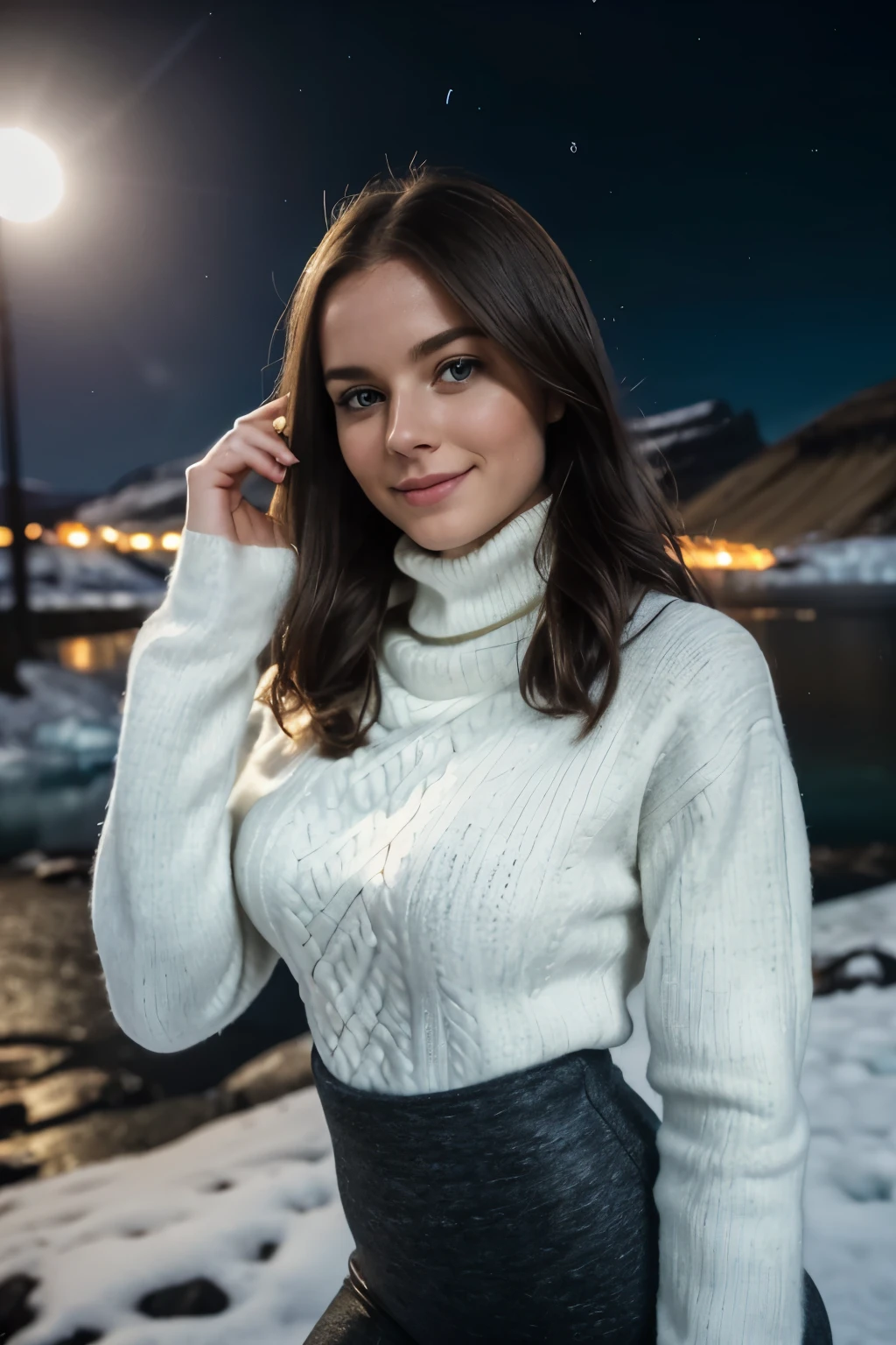 (((Switz, Iceland night time long exposure))), 1 gorgeous woman, 23 ans, subtle smile, flirts with the camera, shes a model, pose, (European girl:1.2), (random hair:1.3), (Realistic hair:1.2), (realistic eyes:1.2), (Beauty face:1.3), rey bonnet on head))), (((large wool turtleneck loose white pullover))),(((black wool leggings))),(((heavy hiking fit boots))), perfect body, perfect hands, perfect breast, Kodak gold 200, medium shot, Best quality, ultra highres, (photoreallistic:1.4), 8k, (((extrreme low light conditions)))
