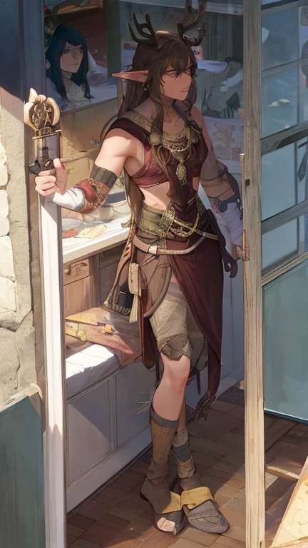 Male elves,deer antlers,long brown hair,injured,vulnerable,Iraqi, straight ahead,Beautiful