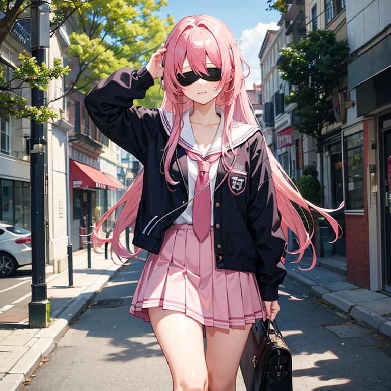 Pink hair, school uniform, long hair, no eyes, blindfolded