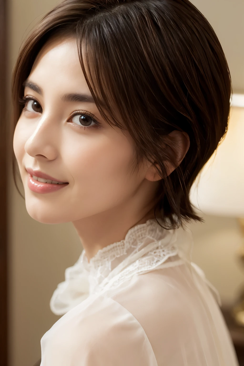 (RAW photo), (Photoreal), (masterpiece), (highest quality), High resolution, 8K, (intricate details), (light with volume), portrait, woman, 40 years old, short hair, straight hair , layered hair, brown hair, very fine eyes, Source Order, very thin eyebrows, Very fine skin, Very fine mouth, Very fine nose, cute like an idol, smile, (thick lips), (looking at the viewer), (elegant sheer collar blouse),