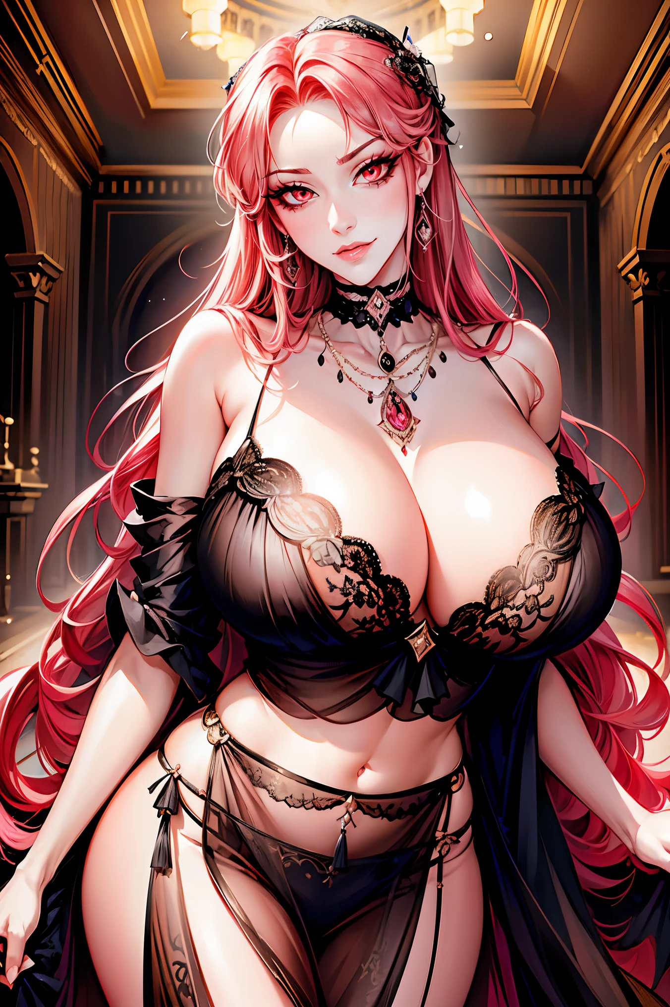 (shoujo-style:1.3),  Kuroume_1024, royal, seductive, seductress, 1girl, (mature female:1.3), adult female, 30 year old,pink hair, long hair, (milf:1.2), (slim body:1.3), tall body, (glowing red eyes), (large breasts), succubus, (succubus tails), (succubus tail in the background), earrings, parted lips, (night:1.3), rose petals, (evil face:1.2), seductive smile, grin, (smirk:1.2), makeup, large lace choker, large necklaces, head tilt, collarbone, sexy pose, indoor, inside royal chamber, pillars, huge lamps, white skin, dress, belly dancer clothes, arabian robe, (robe:1.3), egyptian robe, belly dancer,revealing clothes,(pelvic curtain:1.3),dancer, harem, 1girl, 