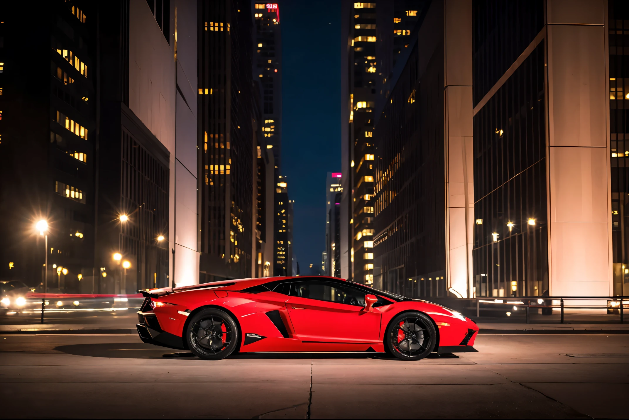 red lamborghini aventador　　Precise and high quality　Realistic three-dimensional feel　beautiful background　Parked on the road in front of the marble entrance of a luxury condominium.　beautiful lighting　beautiful street　stylish apartment　(shot from the side:1.3) beautiful night lights