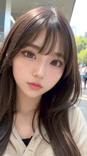 Raw photo、1 girl、Japanese 17 year old beautiful girl、((brown hair))、((Big eyes that shine like jewels))、Glossy and glossy skin、(medium long hair)、eyeliner、beautiful bangs、hair between eyes、((masterpiece、最high quality、super detailed、intricate details、High resolution、very detailed))、detailed background、8KUHD、high quality、(Photographed from the front in a natural posture:1.5)、hanging eye makeup、(((small tits)))、(((Bust A cup)))、(((Clothes)))、relaxed hoodie、masterpiece, best quality, ultra-detailed, walking, city, town, daytime, skirt, ponytail, outdoor