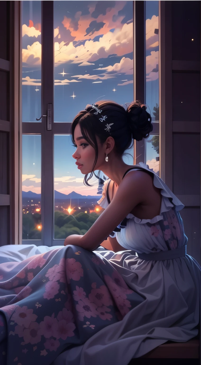 masterpiece, best quality, side profile of an extremely delicate and beautiful girl with dark skin, wearing an off the shoulder dress, resting on a windowsill, nightcore, world masterpiece theater, ultra-detailed, highly detailed, highres, extremely detailed,1girl with dark skin ,illustration, looking at the night sky, beautiful interior and exterior, impasto, canvas, oil painting, realistic, storybook style art, beautiful bedroom 