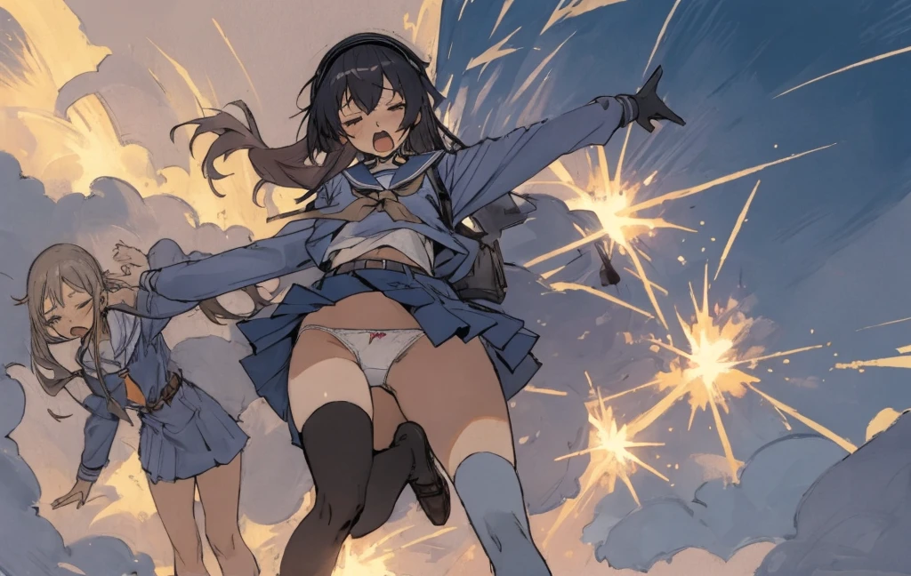 5 girls in grey school uniform with a belt, tottering, screaming, closed eyes, ????? anime style, detailed full body, thigh-high socks, micro mini skirt, (white panties:1.1), sailor collar, scenery, explosion