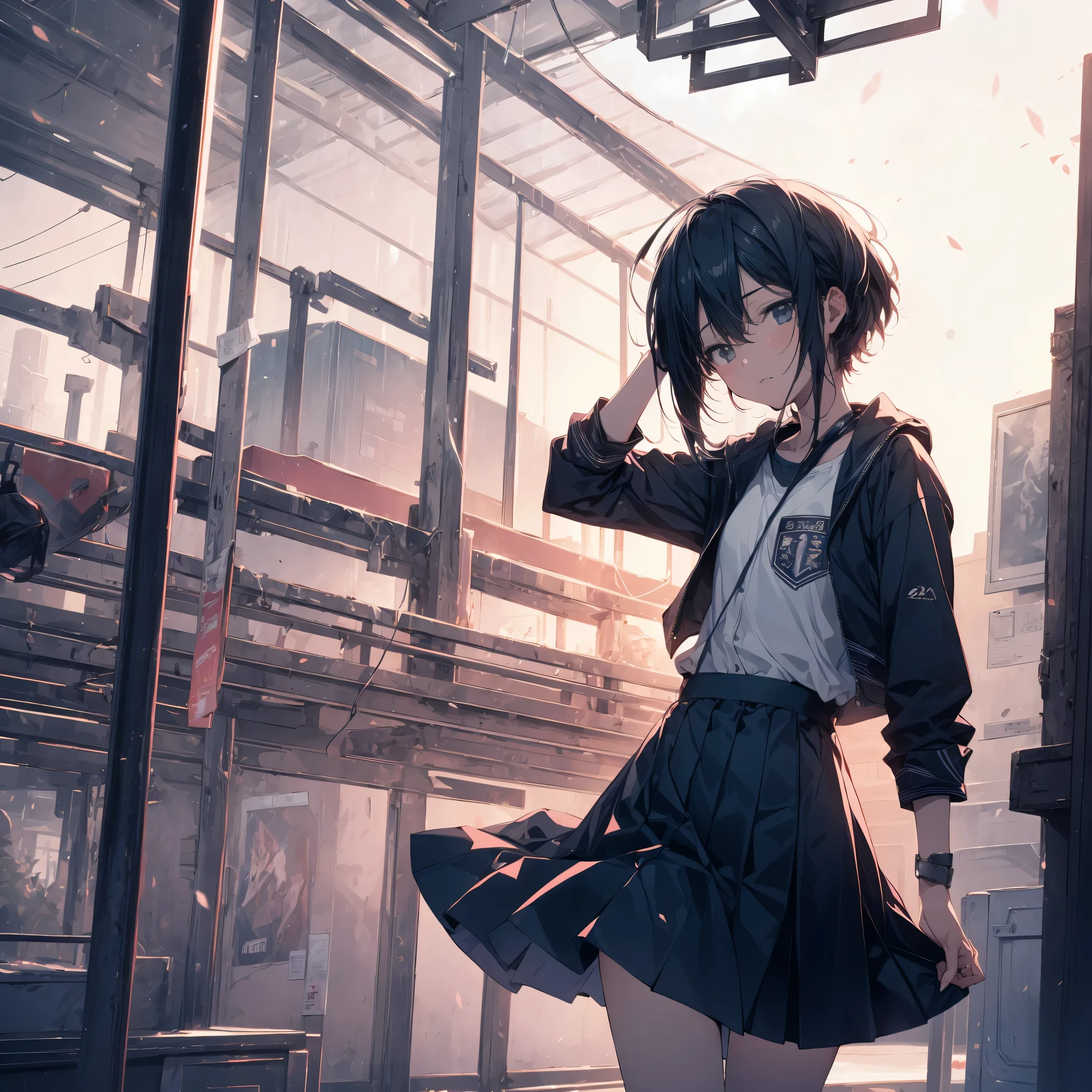 Super high quality by the art god, super detailed, High resolution, Shinkai Makoto style, anime moe art style, best anime 8K konachan wallpaper, pixiv contest winner, perfect anatomy, break,(眠そうにalone学校へ行く女の子を描いてください. ),break, surreal high school girl, (alone,change,child,13 years old:1.3),All limbs, full finger,Middle school students, androgynous charm, (very, very short hair), boyish hair, messy hair, flat and soft chest, small ass, between legs, small eyes,beautiful detailed black eyes, Well-proportioned iris and pupils, disgusted eyes, High resolutionの詳細な髪, school uniform, (skirt), On the way to school. break,super dense skin, Best lighting by famous artists, 8K, figure,