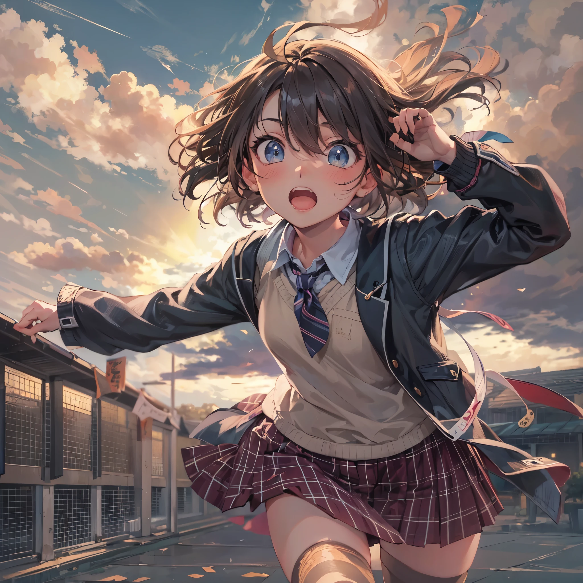 solo, girl, japanese highschool girl, high school uniform, Jacket and checked skirt, (running behind time and flustered), beautiful sky, detailed clouds, warm lighting, short hair, shiny hair, dark eyes, detailed beautiful face and eyes, cinematic lighting, jpeg artifacts, Eye-Level Shot, drop shadow, depth of field, tachi-e, Ghibli-like colours, masterpiece, retina, accurate, best quality, highres, 8K, super detailed