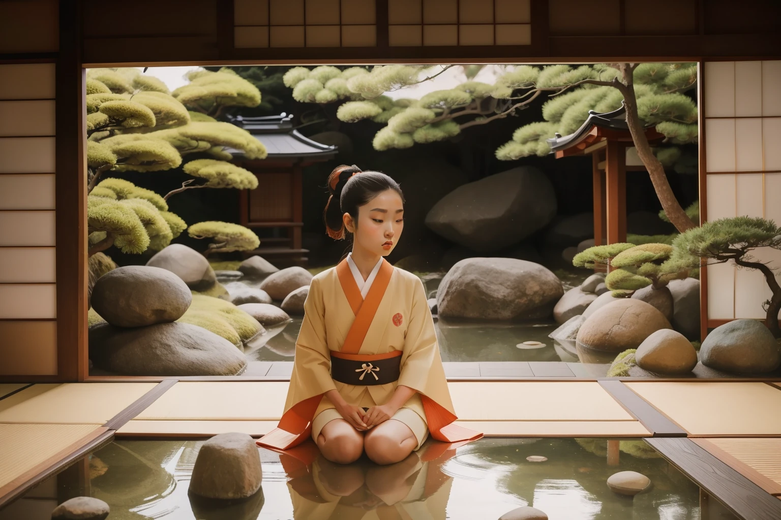 1970s Japanese Zen Garden Meditation (Location: Kyoto):
Character: A teenage girl with sleek ponytail, dressed in a traditional Japanese kimono.
Setting: A serene Zen garden in Kyoto, where she engages in a contemplative meditation session. Use Wes Anderson's tranquil and earthy color tones to convey the peaceful ambiance of a 1970s Japanese garden.