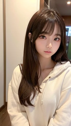 Raw photo、1 girl、Japanese 17 year old beautiful girl、((brown hair))、((Big eyes that shine like jewels))、Glossy and glossy skin、(medium long hair)、eyeliner、beautiful bangs、hair between eyes、((masterpiece、最high quality、super detailed、intricate details、High resolution、very detailed))、detailed background、8KUHD、high quality、(Photographed from the front in a natural posture:1.5)、hanging eye makeup、(((small tits)))、(((Bust A cup)))、(((Clothes)))、relaxed hoodie、masterpiece, best quality, ultra-detailed, city, town, daytime, skirt, ponytail, outdoor ,jumping