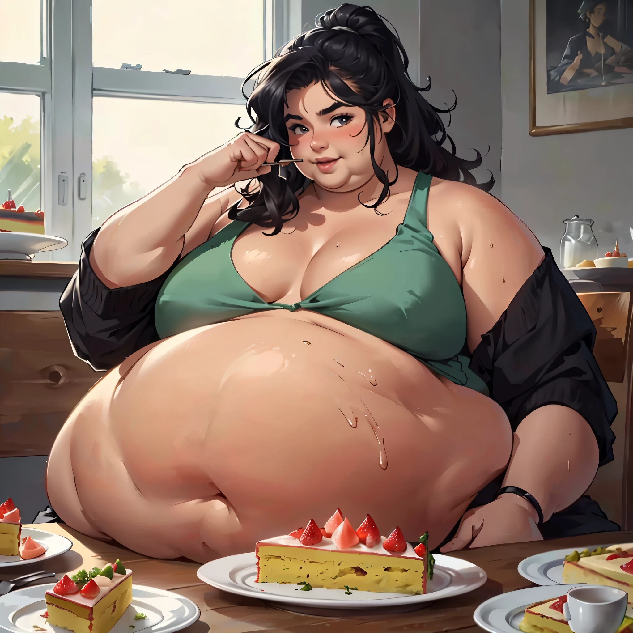 (masterpiece, best quality, highres:1.3), (realistic:1.2), (2girls:1.3), (Brittany O'Grady:1.2) (USSBBW:1.3), (fatblob:1.3), (morbidly obese:1.3), (immobile:1.2), (detailed, beautiful face:1.2), feeding, holding food, salivating, sweaty, eager, (massive belly:1.2), (double belly:1.2), messy, slob, excited, (cake:1.2)