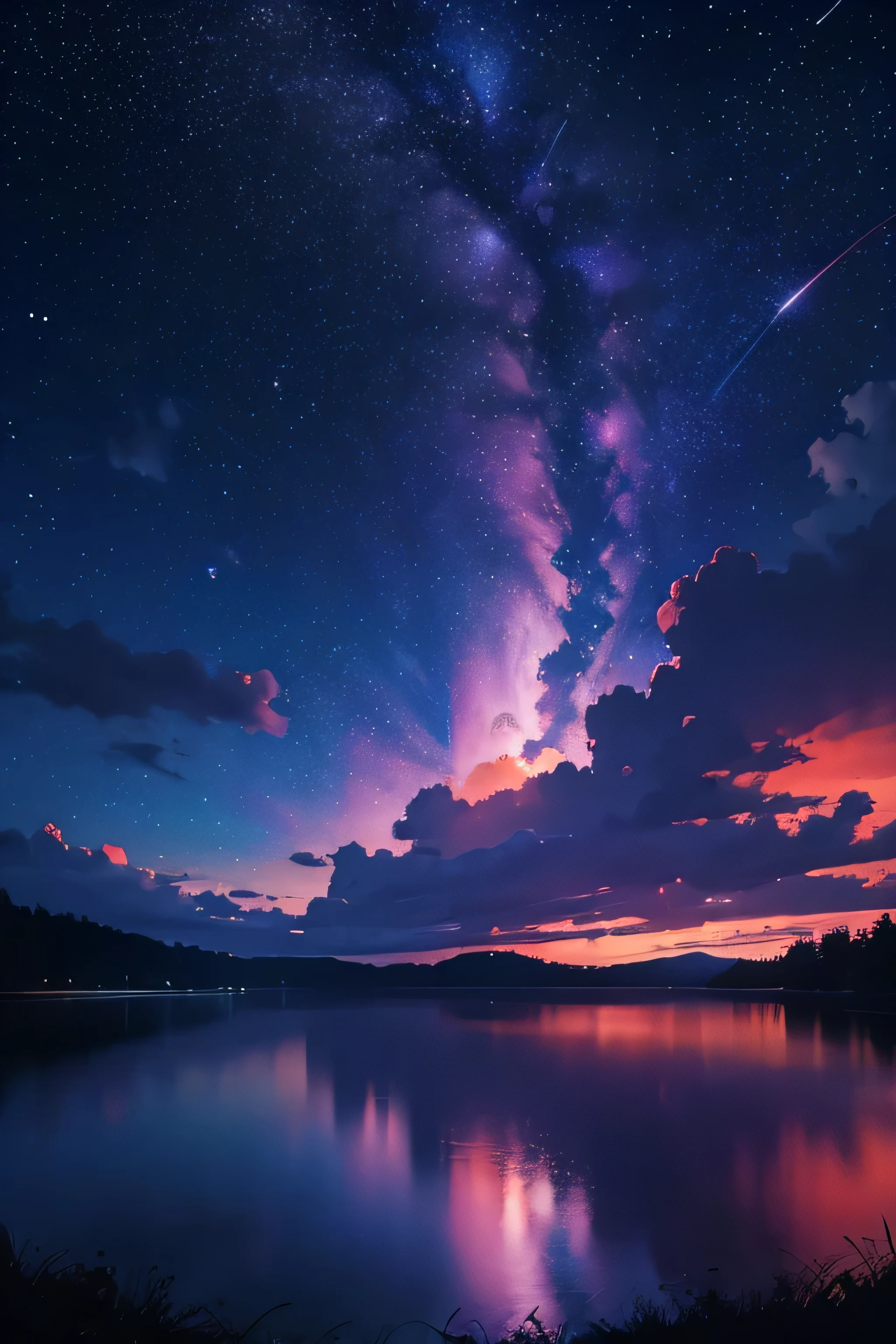 Generate a mesmerizing night scene with a lake reflecting a starry universe, vibrant colors, and the enchanting glow of twilight