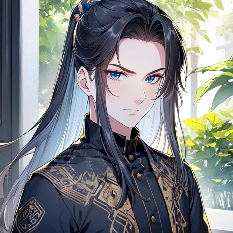 (best quality,high-res,masterpiece:1.2),(realistic:1.37),portrait,black long hair in an updo,detailed cat-like eyes in mesmerizing shades of blue and green,teenage boy (************)