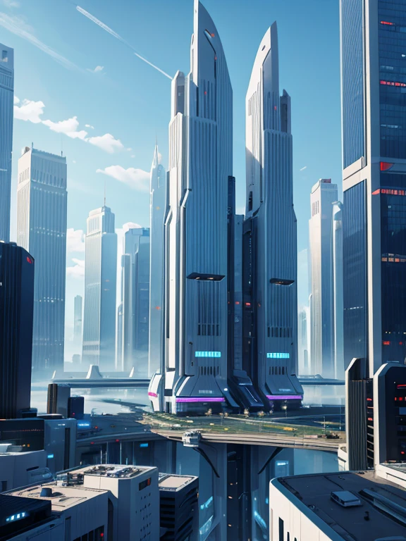 futuristic atmosphere、8K scenery of a city lined with pure white buildings that are strictly controlled by large corporations