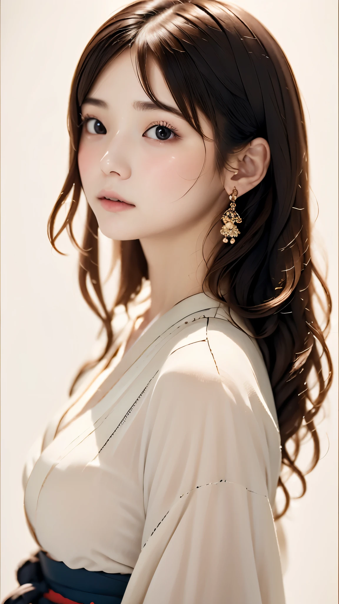 (((White world、white background)))、RAW、real stick、realistic、extremely cute woman、Perfect good looks、natural look、no makeup、plump lipeautiful black hair、Yamato Nadeshiko、Beautiful light purple kimono、Nishijin-ori kimono、Very delicate kimono pattern、Beautiful angles、graceful pose、white background、background white、focus on face、Upper body angle、highest quality、high resolution、master piece:1.ortrait、8k、50mmlens、perfect lighting、professional photographer
