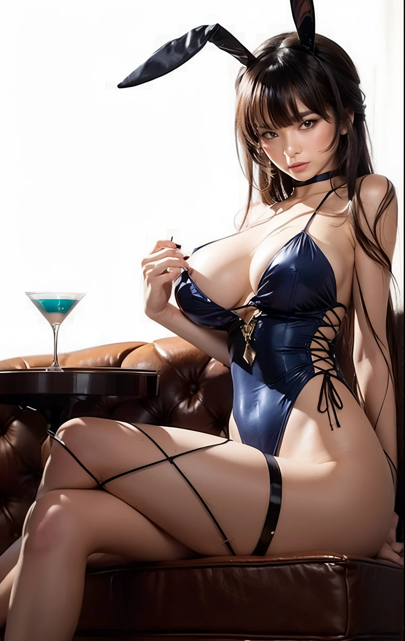 beautiful woman in a bunny suit sitting on a couch with a martini, realistic