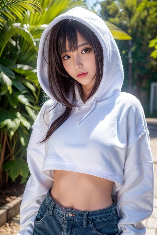 Sweet expression, (8k, RAW photo, photorealistic:1.25) ,( hairy pubic hair, lip gloss, eyelashes, glossy face, shiny skin, best quality, super high resolution , depth of field, chromatic aberration, caustics, wide light, natural shadows, Kpop idol) looking at viewer with serenity and goddess-like bliss, full body, big breasts, ((hoodie, baggy pants)),