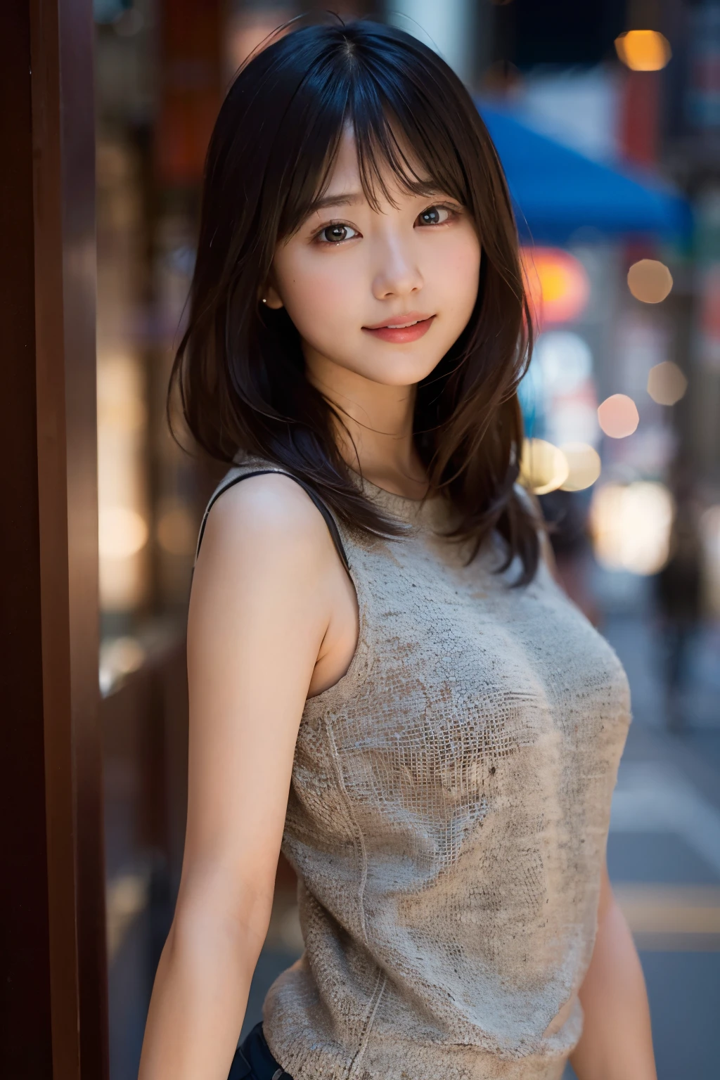 (8k、RAW Photography、top-quality、masterpiece:1.2)、(realisitic、Photorealsitic:1.37)、ultra-detailliert、超A high resolution、1人、see the beholder、beautifull detailed face、a smile、Constriction、(slim waist) :1.3)、knit、Beautiful detailed skin、Skin texture、floated hair、profetional lighting、