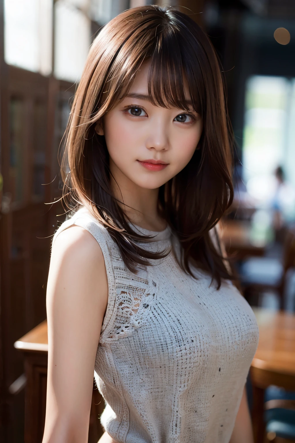 (8k、RAW Photography、top-quality、masterpiece:1.2)、(realisitic、Photorealsitic:1.37)、ultra-detailliert、超A high resolution、1人、see the beholder、beautifull detailed face、a smile、Constriction、(slim waist) :1.3)、knit、Beautiful detailed skin、Skin texture、floated hair、profetional lighting、
