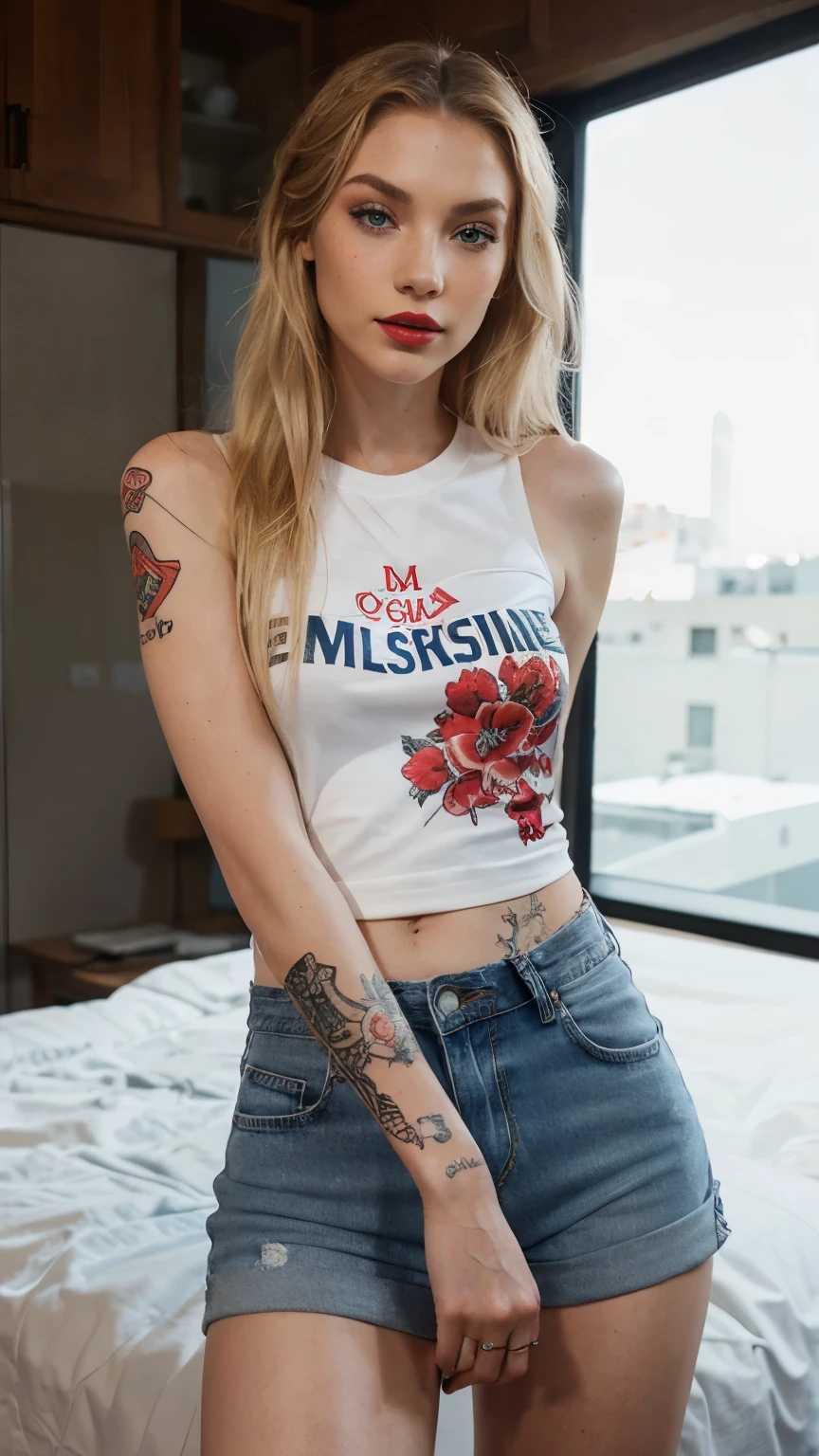Beautiful skinny girl, elongated face and thin chin, freckles, blonde, blue eyes, red lipstick, beautiful makeup, white skin,, tattoo written on the forearm, sexy style, Red patterned T-shirt, Black denim shorts
