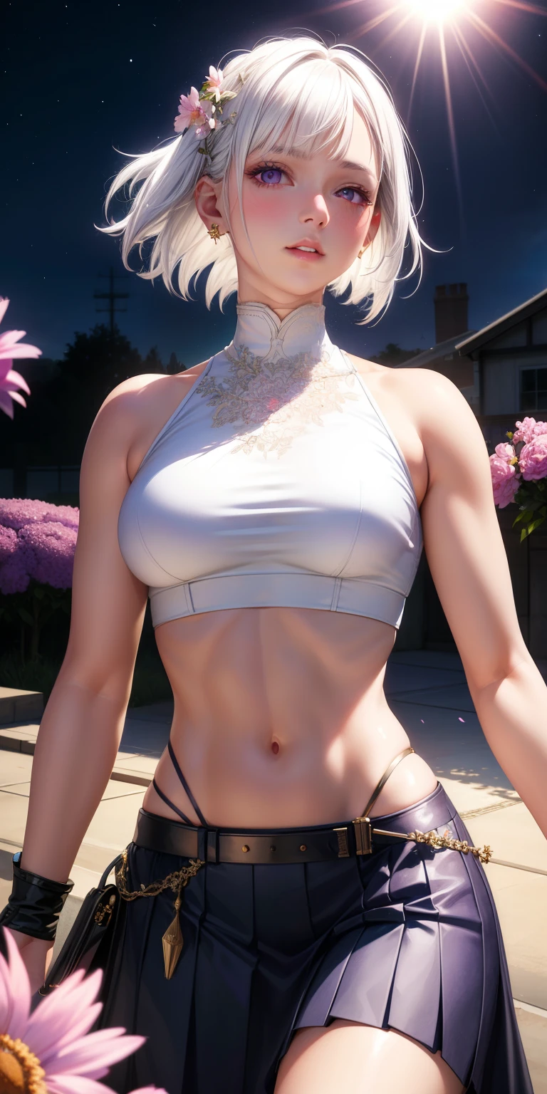 realistic, 1girl, white hair, purple eyes, glowing eyes, crop top, skirt, parted lips, blush, night, flowers, sun, sunlight,