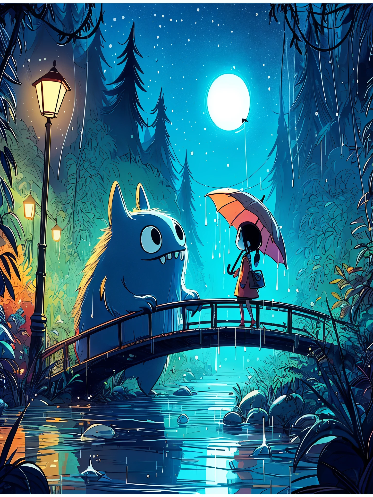 Draw an anime simple art scene of cute monster curious looking at small girl with umbrella on bridge, rainy, in the forest, night, magical, blue cloudy sky, no human, vibrant color tones,