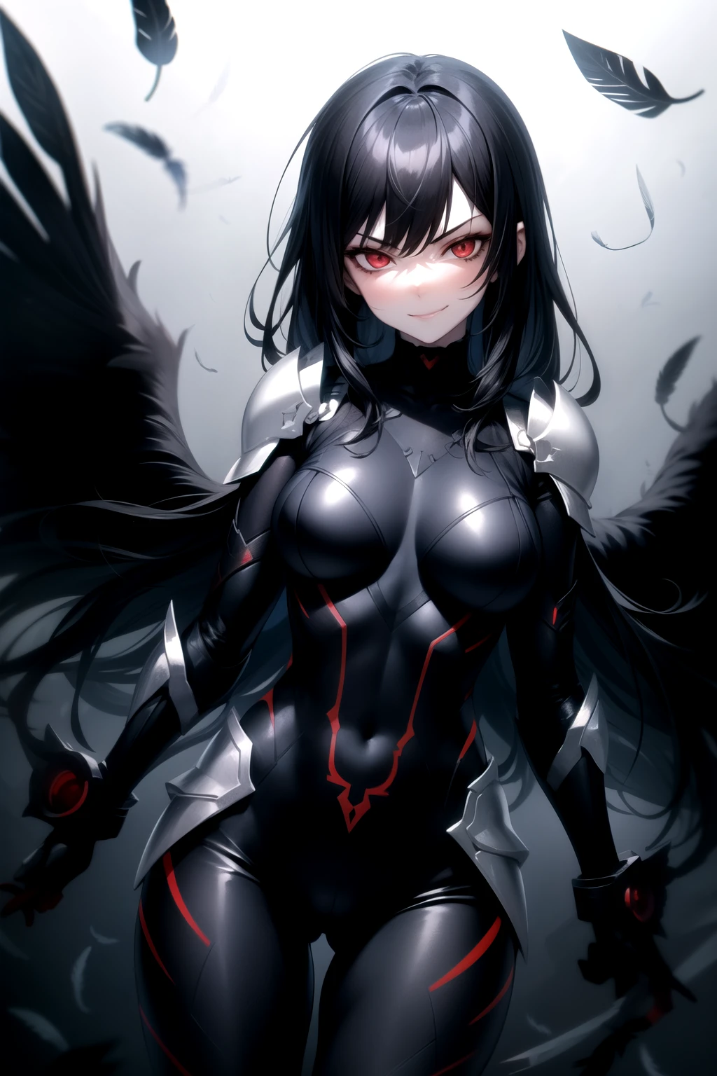 1girl, breasts, solo, black hair,red eyes,black theme,smirk,feather ,bodysuit ,shoulder armors,pale skin