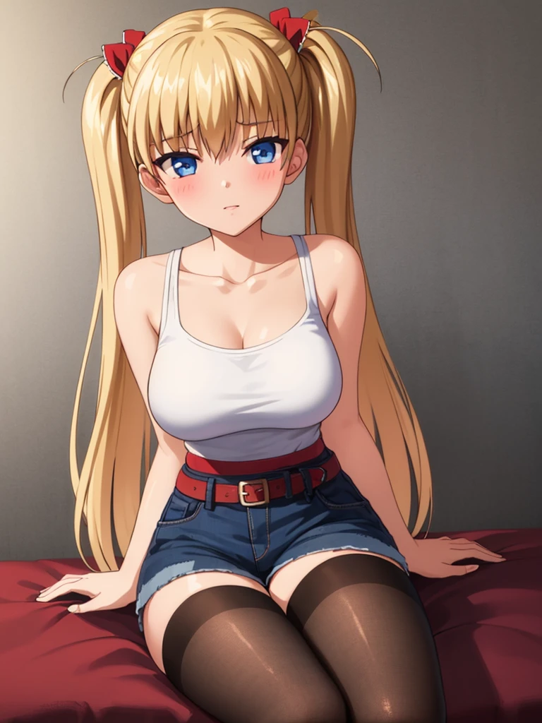 1girl, akizuki airi, blue eyes, blonde_hair, twintails, very_long_hair, she is wearing it in her hair_ornament red, hair_scrunchie red, medium_breasts, wearing a white tank top, some blue jean shorts, with a red belt, She is wearing thigh high stockings, 
She is sitting on the bed, with her legs crossed, on one leg she is wearing a black stocking and on the other nothing,

ranking: explicit,
