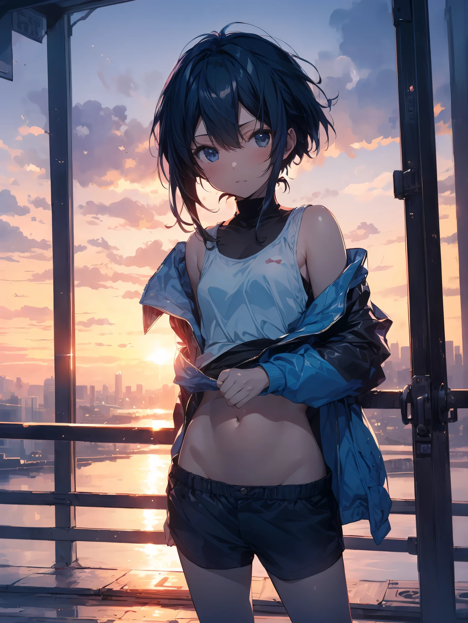 Super high quality by the art god, super detailed, High resolution, Shinkai Makoto style, anime moe art style, best anime 8K konachan wallpaper, pixiv contest winner, perfect anatomy, break,NSFW, (1 Girl (( girl and small breasts)), Tomboy, very short hair, cute face, (wearing short shorts), ((short tank top lift)), clothing lift, ((Breast flick, nipple)), belly button, Stomach, Are standing), urban load, outdoor, Day, crowd, 1 Boy looking down at girl, From above,break,super dense skin, shiny skin,Best lighting by famous artists, 8K, figure,