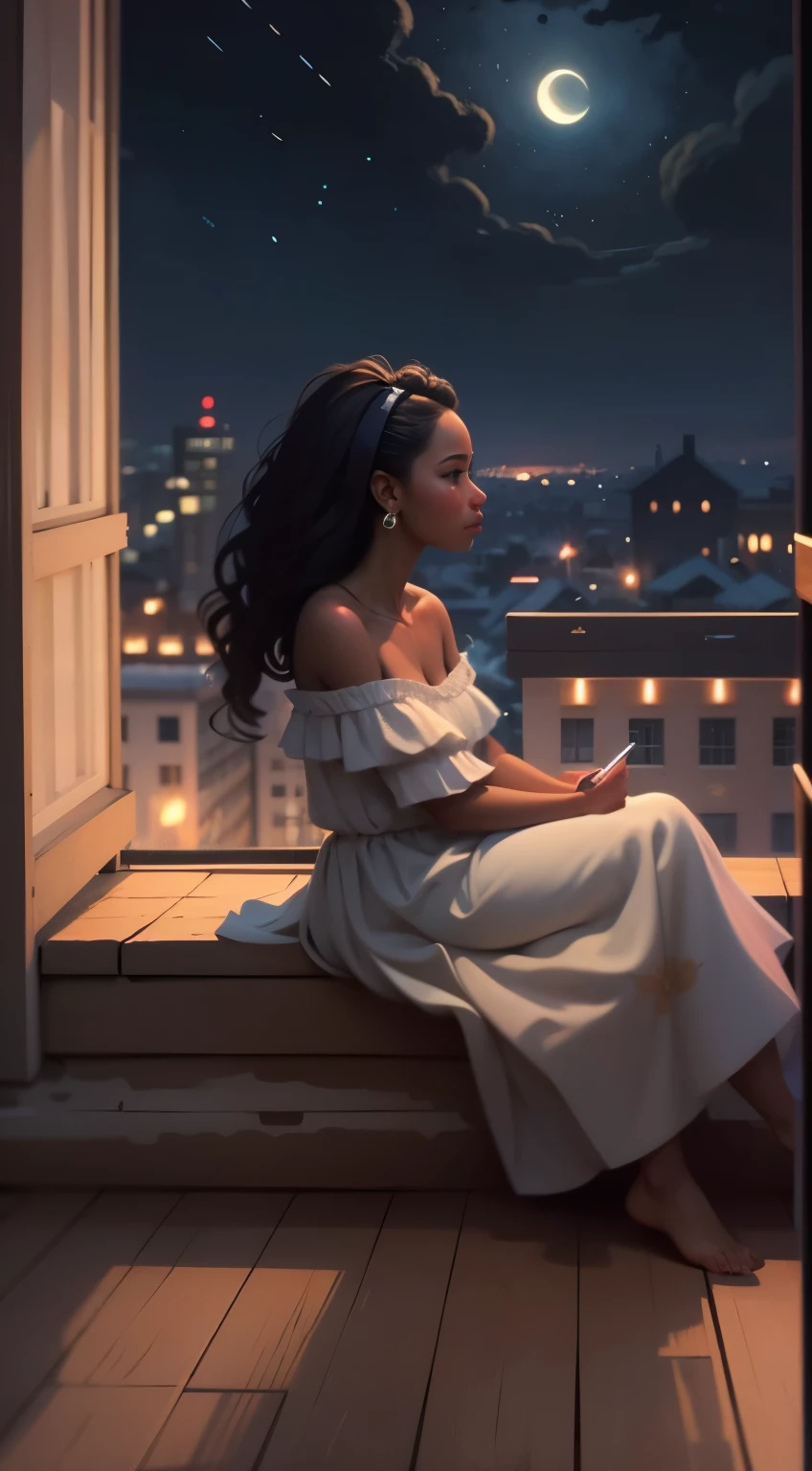 masterpiece, best quality, side profile of an extremely delicate and beautiful girl with dark skin, wearing an off the shoulder dress, resting on a windowsill, nightcore, world masterpiece theater, ultra-detailed, highly detailed, highres, extremely detailed,1girl with dark skin ,illustration, looking at the night sky, beautiful interior and exterior, impasto, canvas, oil painting, realistic, storybook style art, cozy atmosphere 