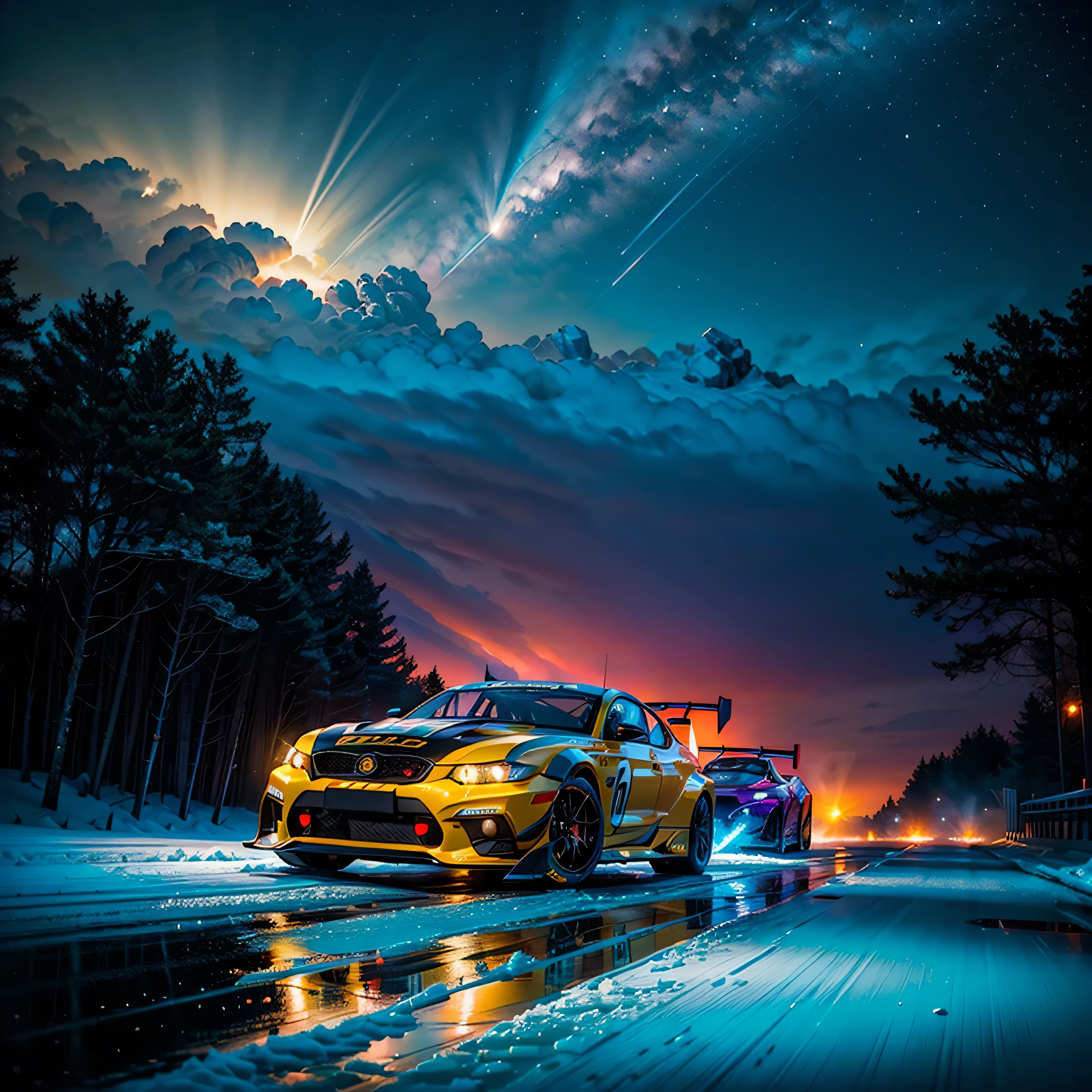 epic Nebulae stunning nebula vibrant hues ethereal interstellar sparks curiosity birth evolution stars Sun hyper starry_sky spacious SunShine panoramic sunset ultra sunrise Josan_Gonzalez_style hyper visual_impact street_traffic_jam racing_full_shot spacious_road race_scene multi-racing Gaol Racer Auto_Racing_Circuit Race_Track deep path Equirectangular_360 street UnrealEngine5 Ultra Masterpiece Cinematic_sunlight ultra Pro_Photo-realistic optimal ultra_high-quality opengl-shaders ultra_high-details accurate reflex ultra_high-resolution perfection volumetric lightning improved Octane_rendues ultra_high-definition UHD XT3 DSLR HDR 3dcg shadow analogiques extatiques symmetrical dazzling Will-o'-the-wisp global luminescence (((An boatmobile inspired ultra-realistic angelic neon metallic black silver and gold chrome race car designed on a icy surface road with snow falling and deep snow covers the ground and everything all around ))), best quality, ultra-detailed, race car, street racing-inspired, Drifting, LED, ((Twin headlights)), (((Bright neon color racing stripes Cristallines kit incandescente flash blow glow))), (Black racing wheels), Wheel spin showing motion, Show car in motion, Burnout, wide body, chrome modified car, racing livery Lava Fire Blast Flame luminescence plasma hearth incandescente reflection varied multi etc. --s 1000 --c 20 --q 20 --chaos 100